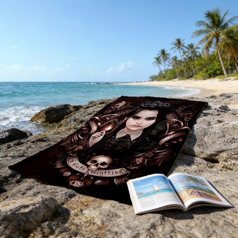 1pc Addams Family Wednesday1 Beach Towel, Sports Cape, Beach and Seaside Swimming Pool Equipment, Fashion Pattern, Rectangular, Travel Essentials