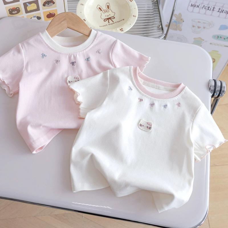 Girls Summer Cotton Short Sleeve T Shirt Cute Bow Cartoon Top Baby Korean Versatile Kids Clothing