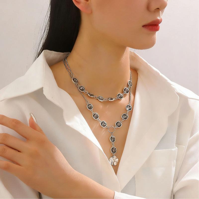 Fashionable Square Black Diamond Necklace Set Simple Geometric Inlay Splice Earrings Bracelet Necklace Jewelry Accessories Gifts