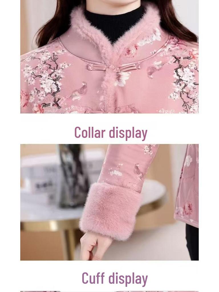 Women's Chinese-Style Fleece-Lined Cotton Jacket: Winter Thickened Retro Outerwear with Frog Buttons