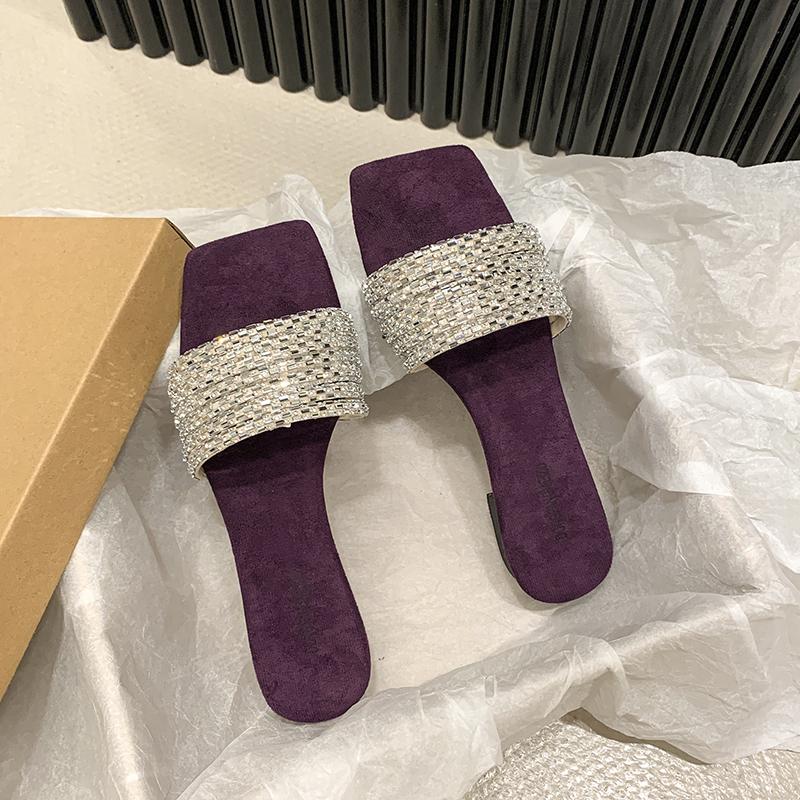 Moda Estate Nuove Pantofole con Tacco Basso Donna Moda Punta Quadrata Aperte Combinazione Sandali con Strass con Cinturino Sottile