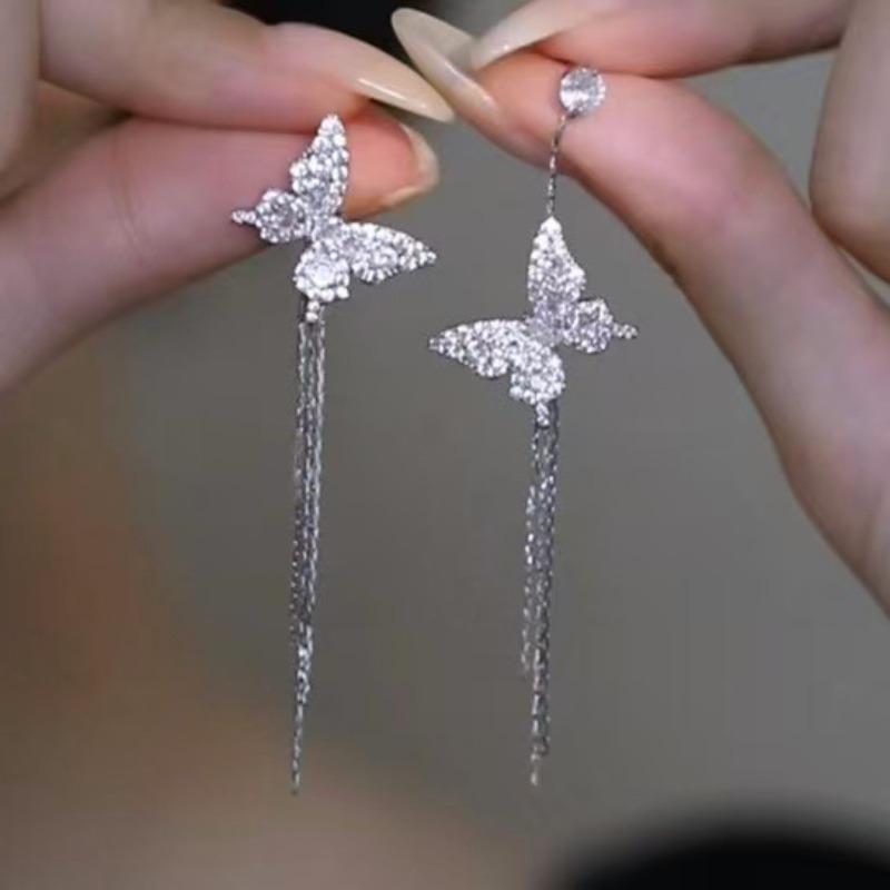 Korean female lead~ Zircon butterfly asymmetric tassel earrings light luxury high-end temperament earrings versatile earrings women