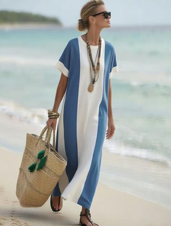 2026 Spring Color Block Print Round Neck Loose Women's Dress