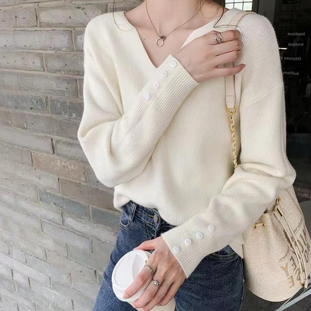 Women Autumn Korean Basic Casual Sweater V-Neck Long Sleeve Knitted Sweaters Solid Jumper Bottoming Pullovers Top