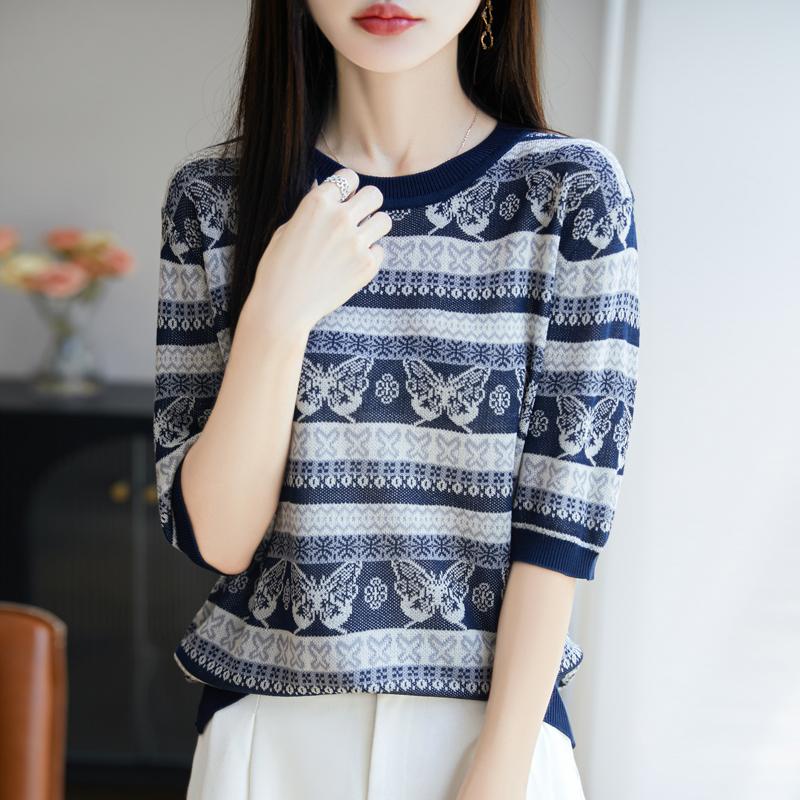 Women Knit T-shirt MODERN NEW SAGA Summer Knitted Shirt Short Sleeve Tees O-neck Pullover Knit Tops