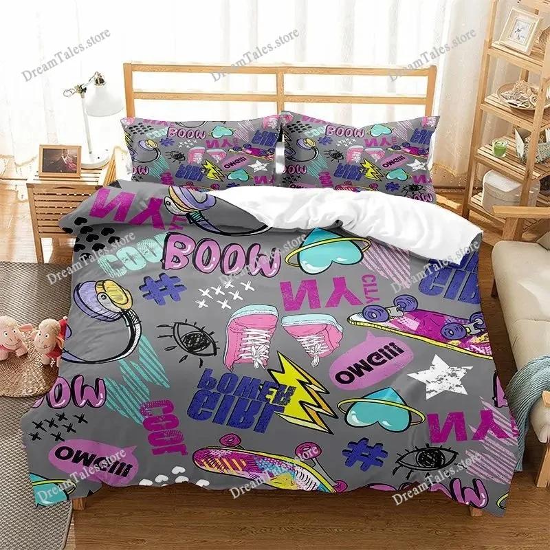Graffiti Duvet Cover Set Cute Hip Hop Style Polyester Comforter Cover with Pillowcase Queen Full Size for Kid Teen Bedding Set