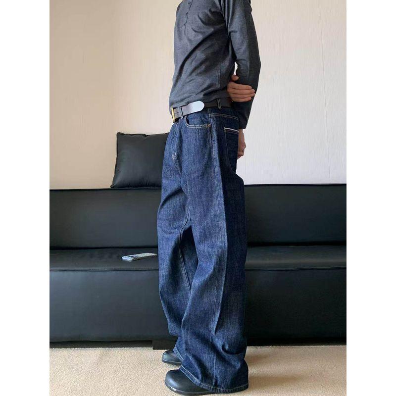 Cabbage Coke Stiff Dark Blue A-Line Slightly Curved Knife-Cut Jeans for Men and Women, Autumn Silhouette Raw Denim Wide-Leg Pants