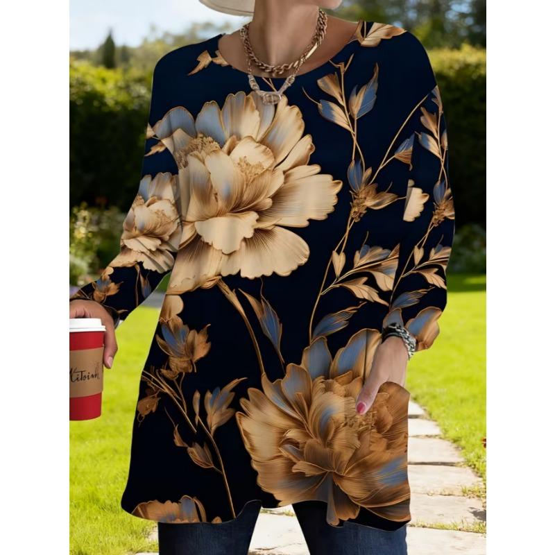 Women's Long-sleeved Round-neck T-shirt, Suitable for Spring, Autumn and Winter Seasons. It Has Pockets and Print Designs. Machine Washable.