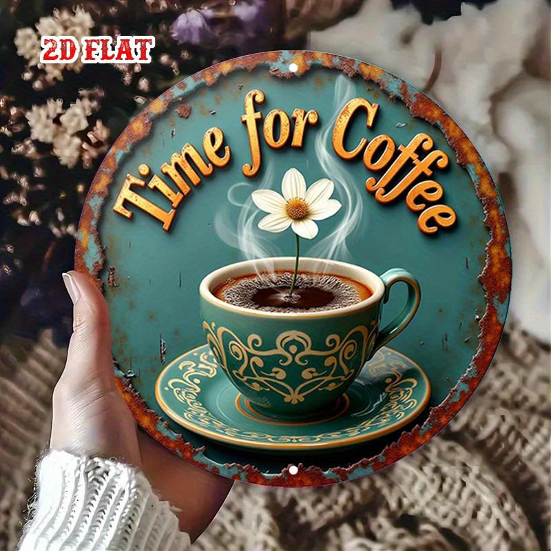 Vintage Coffee Metal Wall Art  Retro Time for Coffee Sign Teal  Gold D Flat Aluminum Tin Poster for Kitchen Easy Hang