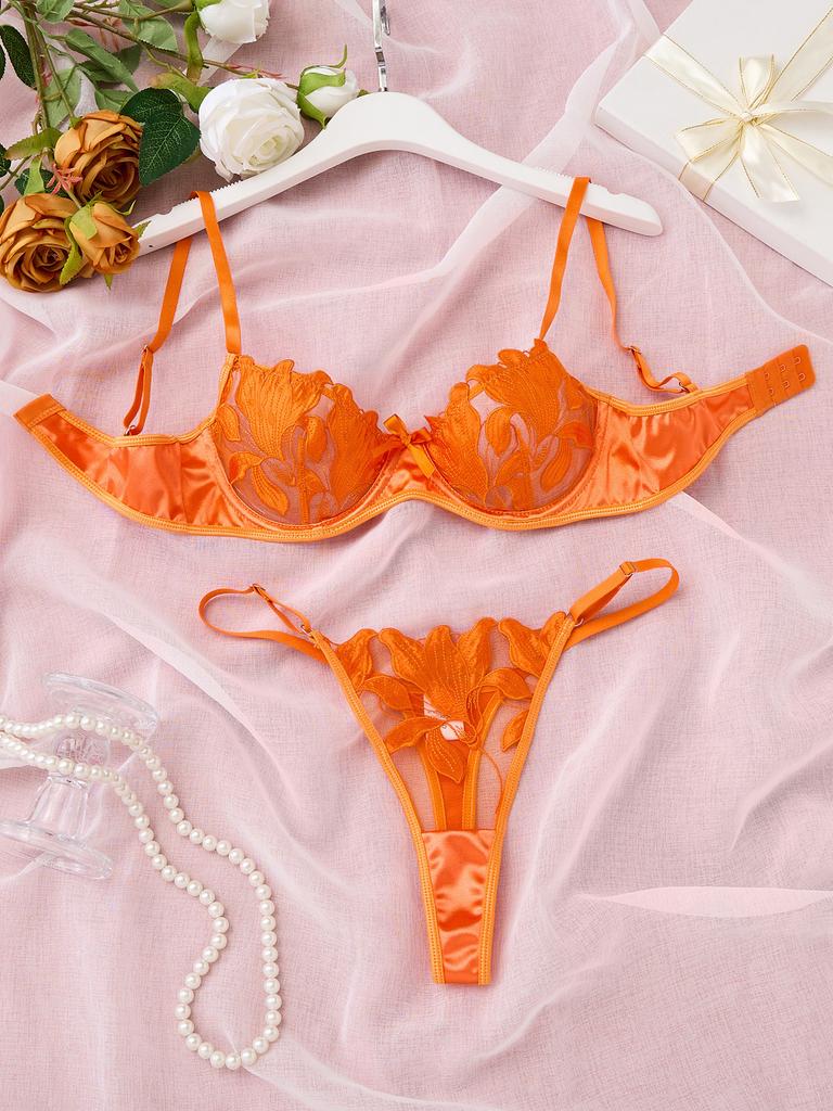 Sexy krajková vyšívaná třídílná souprava spodního prádla