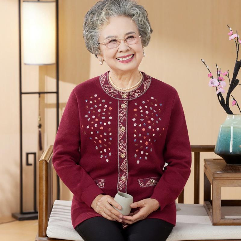 Autumn Over Grandma Knitted Sweater Crew Neck Clothes Medium and Old Women's Clothing Mom Clothing Long Sleeve Cardigan