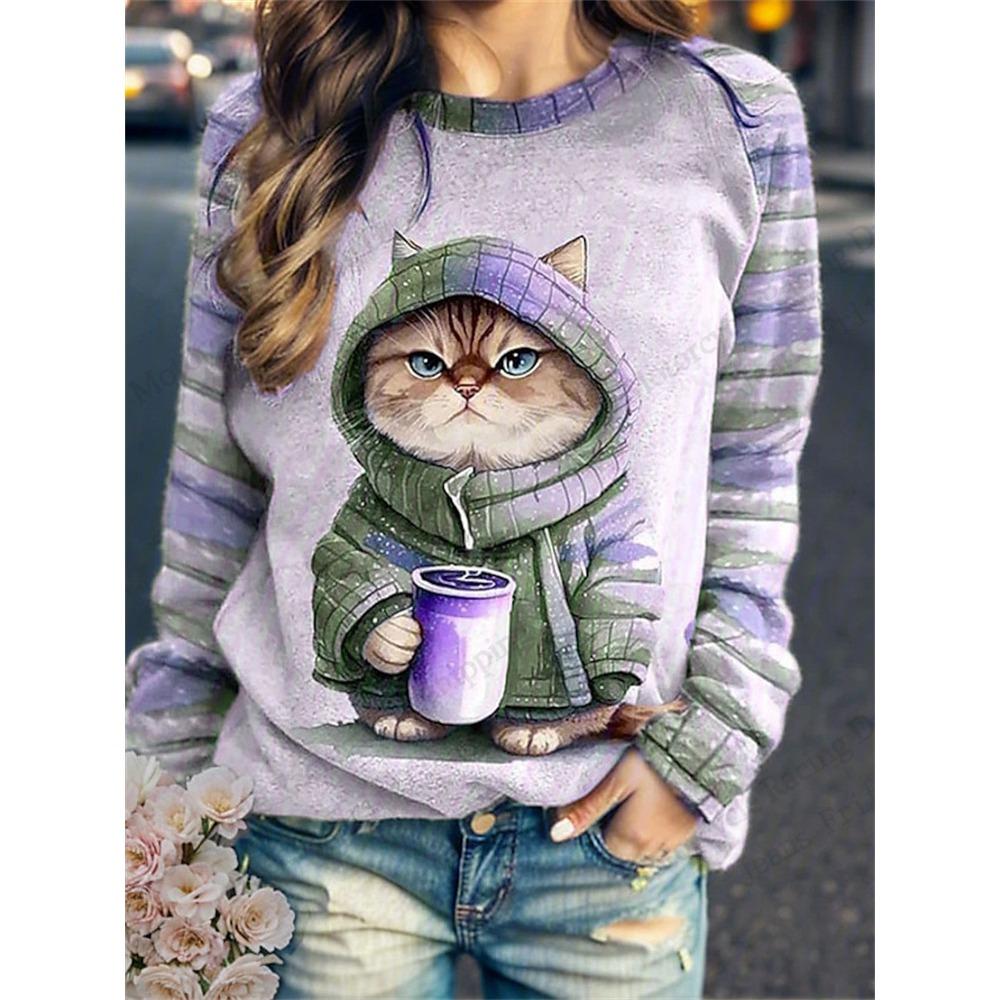 Lustige Cartoon-Katzen 3D-gedruckte Sweatshirts für Damen, modische Tier-Sweatshirts mit Rundhalsausschnitt für Damen, lässige Langarmbekleidung