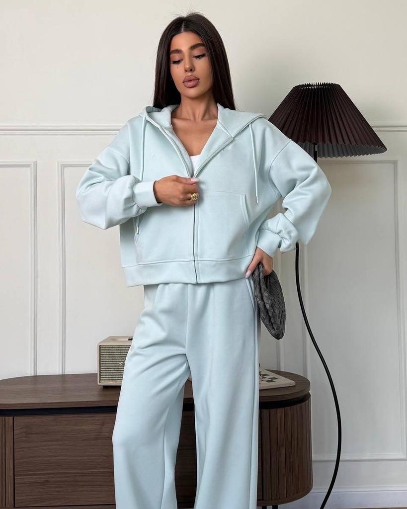 Autumn and winter new European and American style loose hooded zipper sweater set two-piece casual sweatpants women's solid color