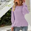 BITCED Autumn Winter Fitted Lantern Sleeve Knit Top Women's Solid Color Knit Sweater