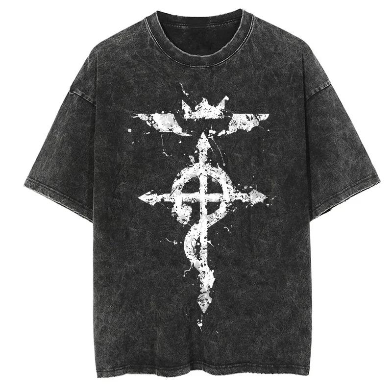 Hot Sale Mustang Roy Anime Fullmetal Alchemist Graphic Print T-Shirt Men Women Harajuku Hip Hop Vintage Washed Cotton Oversized Top Summer New Tee