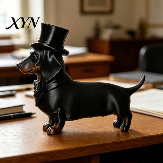 Calm Home Accent Piece 3D Printed Dachshund Statue with Top Hat, Vintage Gentleman Dog Space-saving Ornament Figurine, Cute Desk Decor for Office,