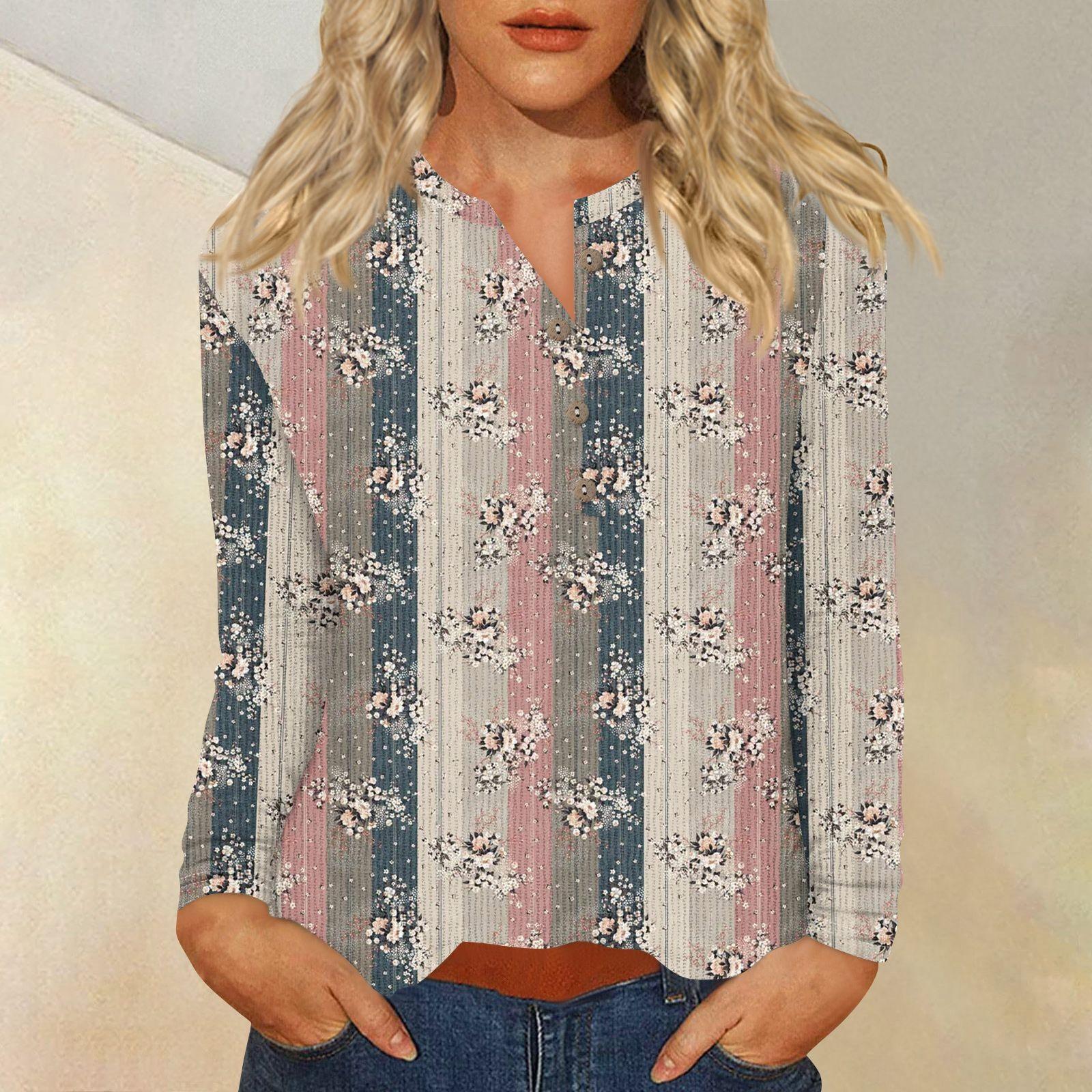 

Жен. Футболка Футболка С принтом Пуговицы Длинный рукав Повседневные Выходные Мода Классический V-образный вырез Обычный Верх XL хаки