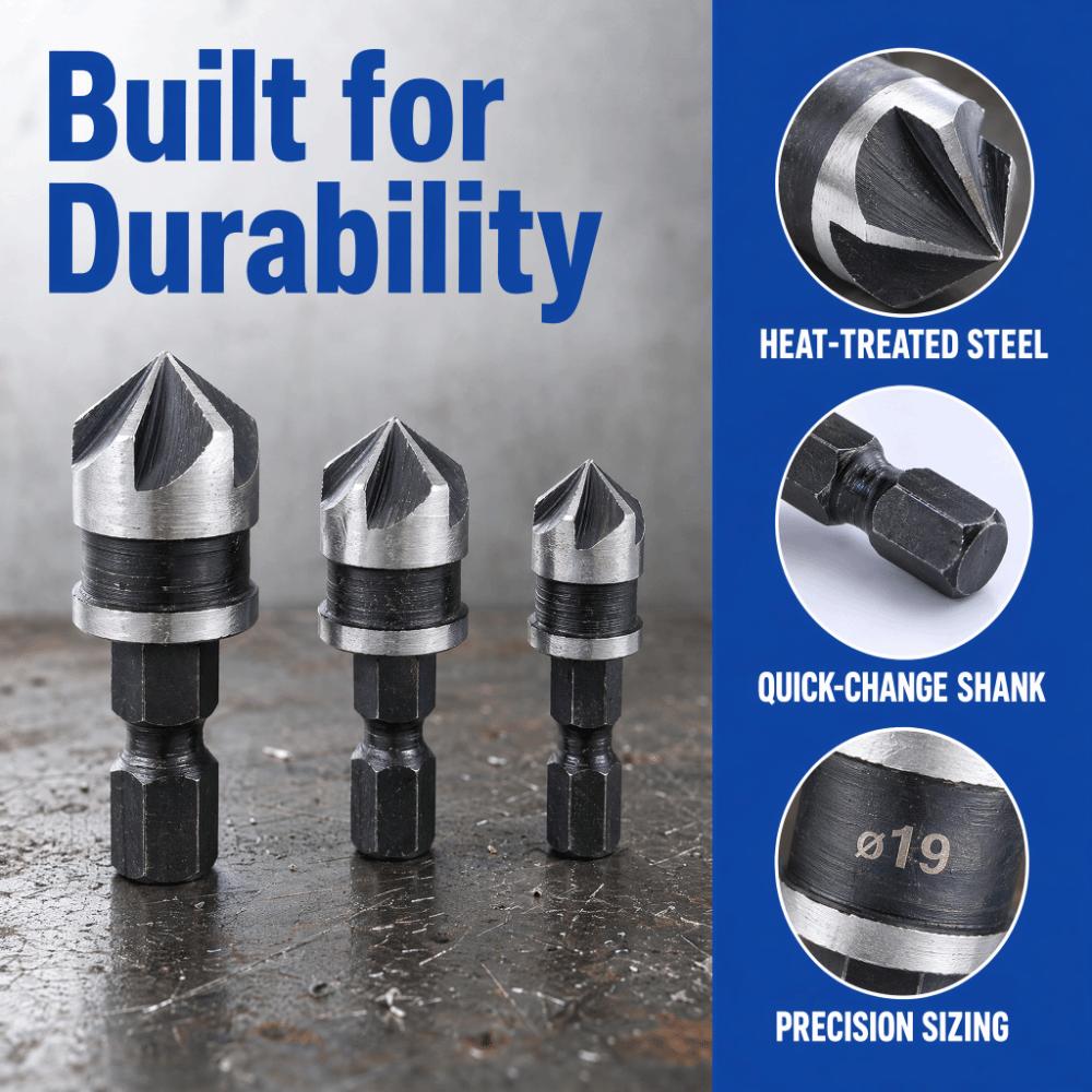 3pcs 1/4 Inch Hex Shank Countersink Bore Set 5 Flute Countersink Bits Woodworking