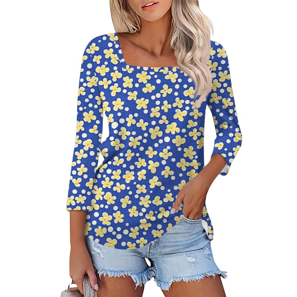 Dámské tričko s potiskem a 3/4 rukávy pro každodenní nošení i na víkend, módní základní top se čtvercovým výstřihem, běžný střih