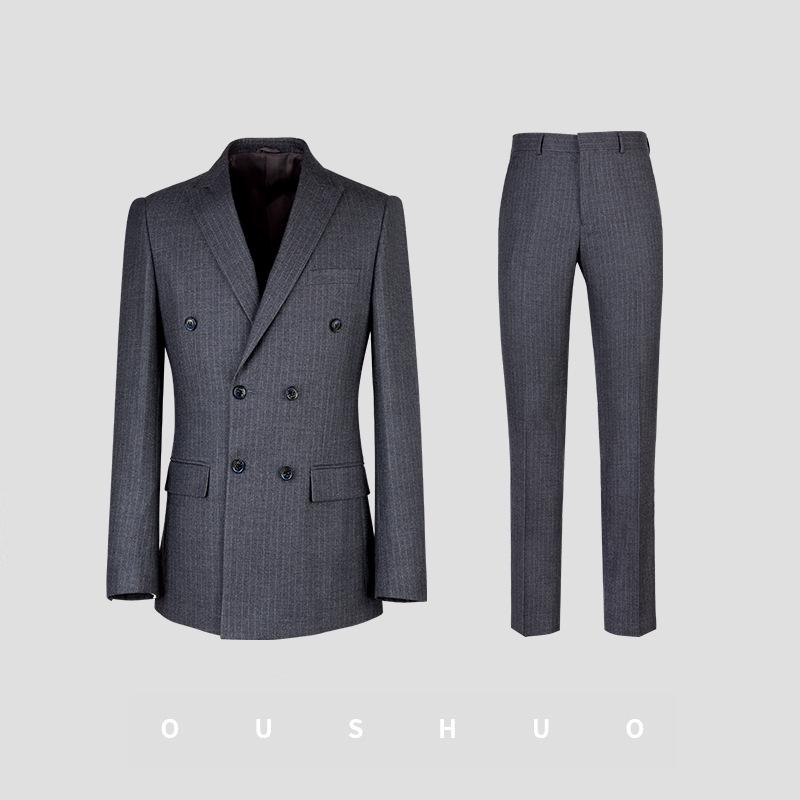 Men's Slim Fit Double-Breasted Gray Striped Suit - British Style Business Casual/Formal Tuxedo for Groom or Wedding.