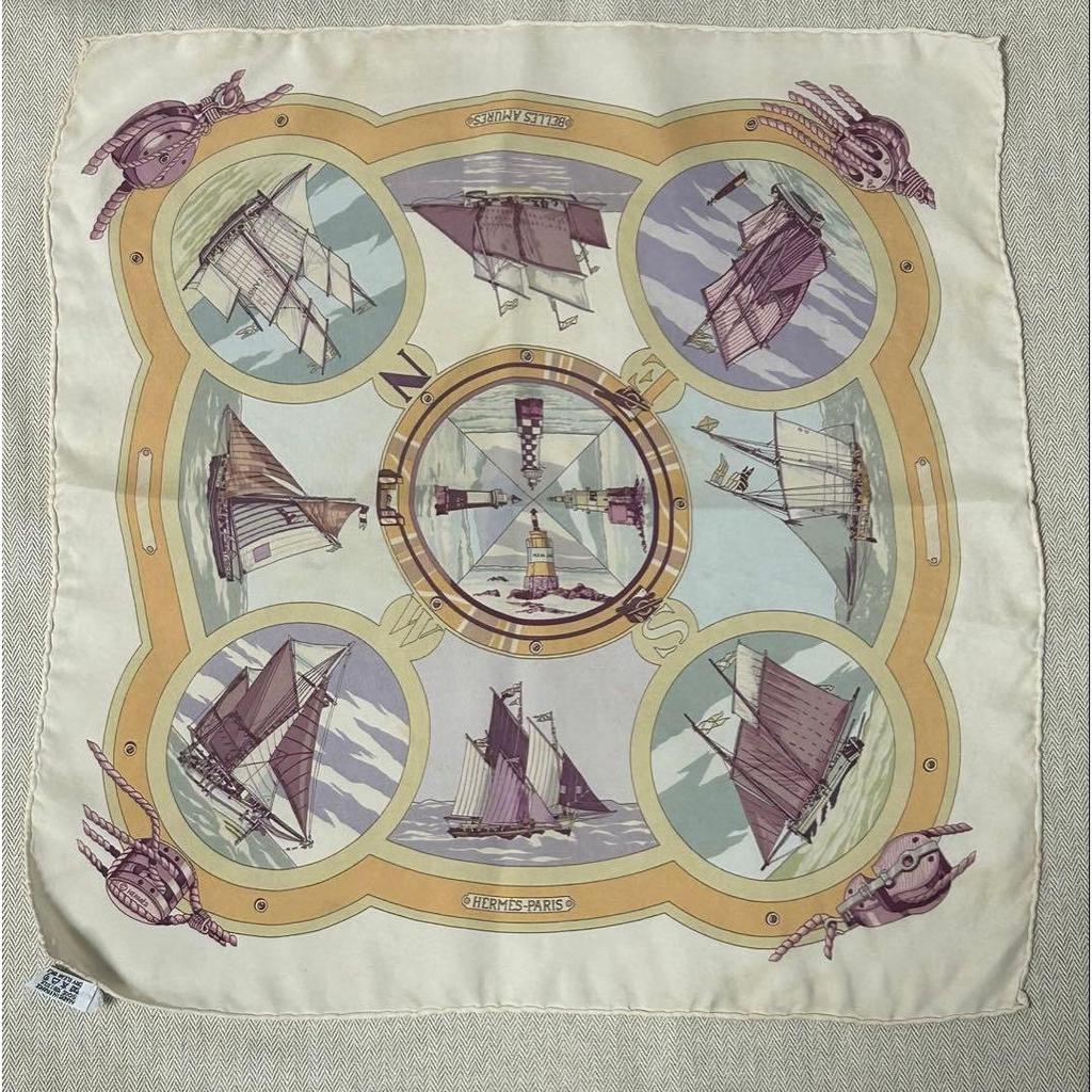 Used Hermes BELLES AMURES ship pattern scarf 100% silk