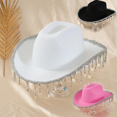 Ladies Unisex YK Style Top Hat Star Fringed Beaded Cowboy Hat Dating Vacation Big Brim