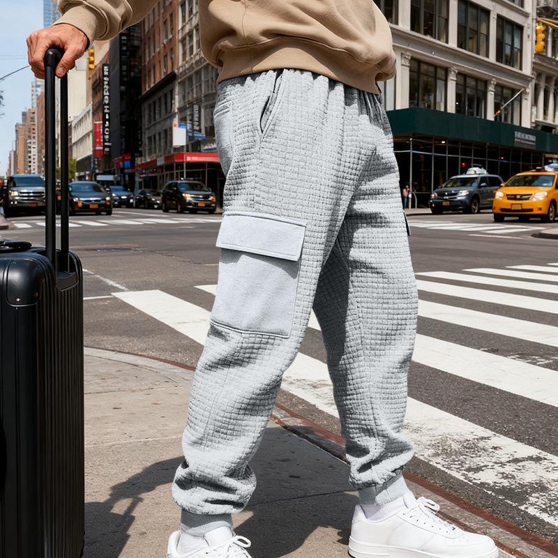 Spring and autumn jacquard checkered jogger pants, casual long pants for men, versatile and stylish multi-pocket trousers