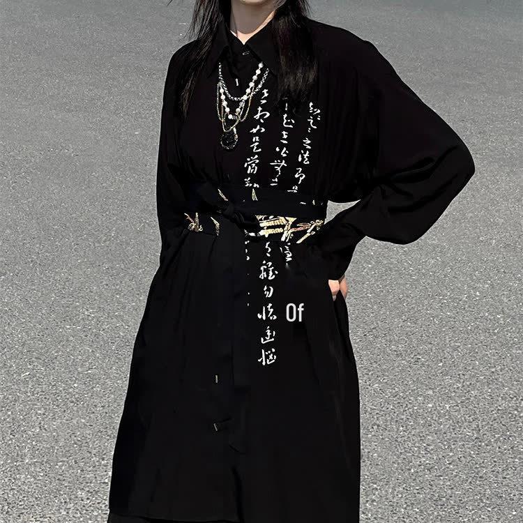 2024 Retro Chinese Cursive Print Chiffon Culottes with Irregular Hem for Women
