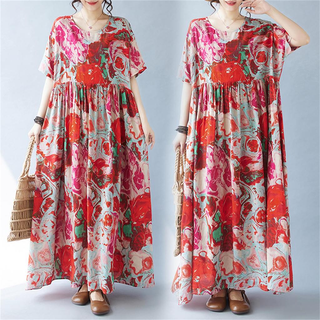 Summer Resort Mori Girl Long Plus Loose Bohemian Floral Perfect for Popular Free Floral Print [kisetsumate] Women's Dress, Cotton-Linen, Style, Dress,