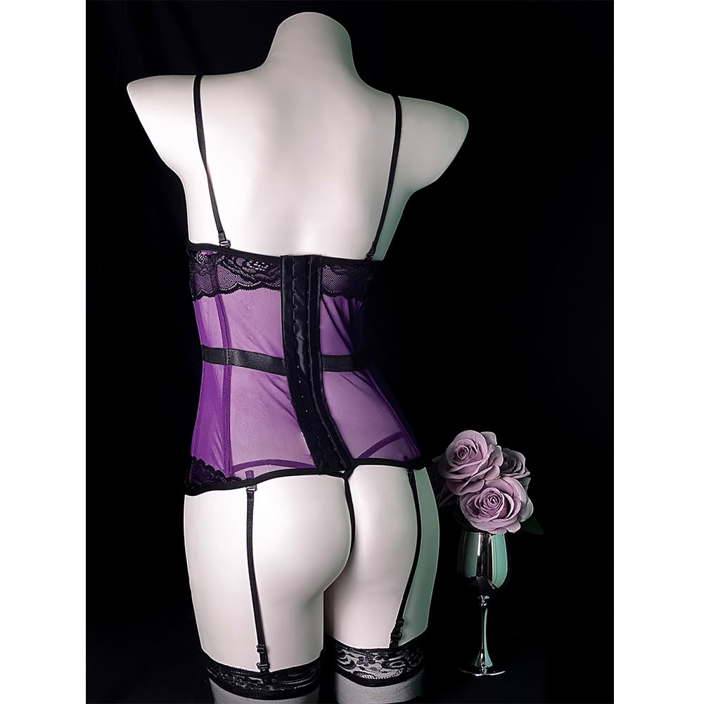Sexy Lingerie Set Loungewear Cute Erotic Extreme Sexy Competition Leotard One Size Purple [SENMHS] 4-piece [Top, Shorts, Garter, Stockings]