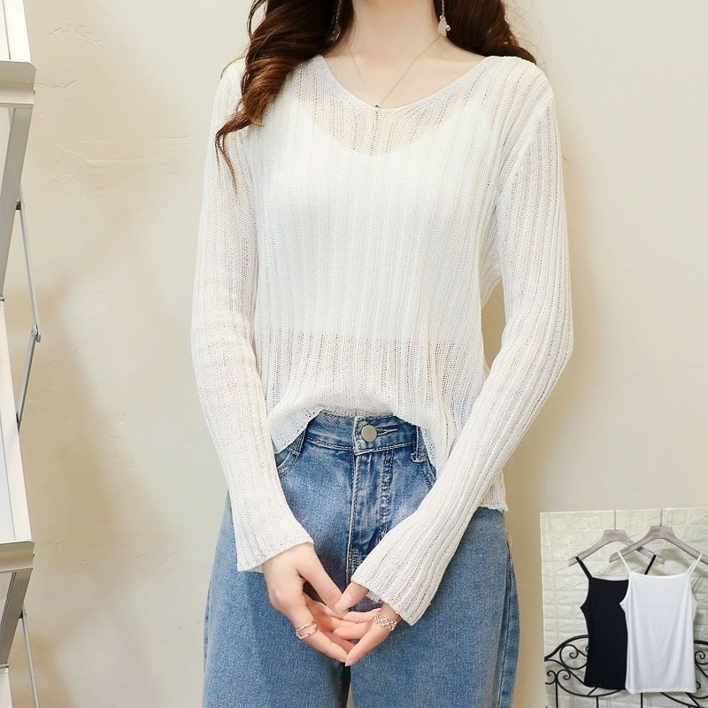 Autumn Women's Korean Version V-neck Hollowed Out Long Sleeved Knitted Sweater Loose and Fashionable Pure Short Top