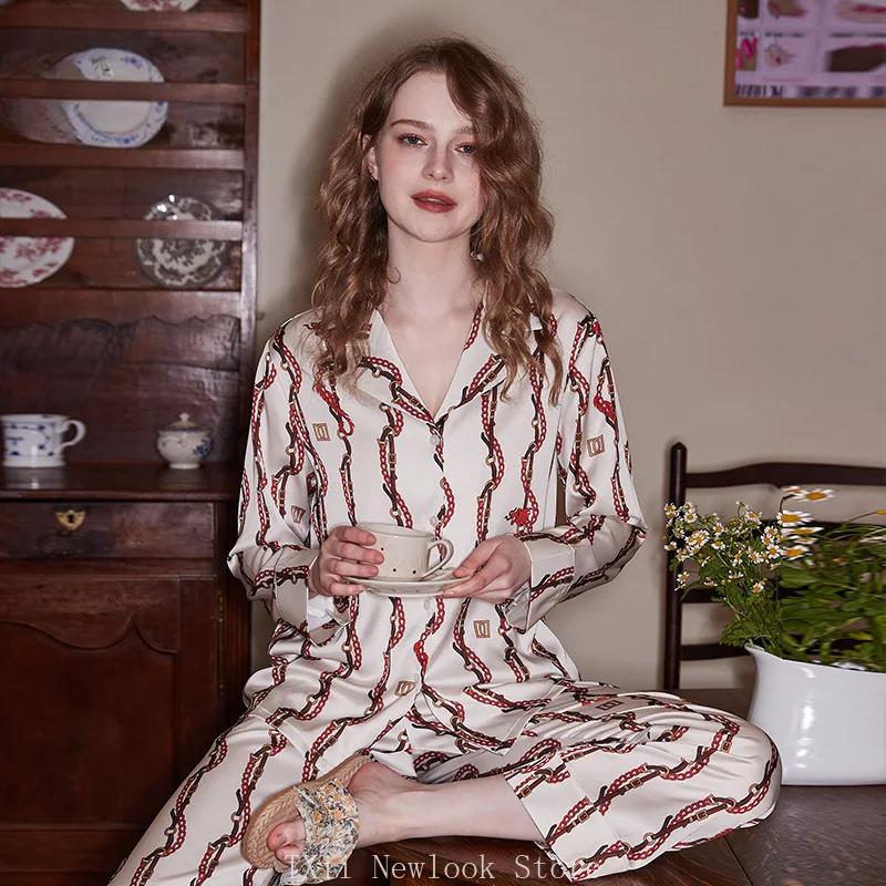 Comfortable Ice Silk Pajamas Women's Lapel Spring and Summer Long Sleeve Home Clothes