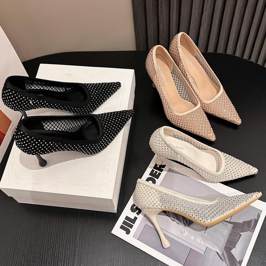 6188-8 New temperament high heels women's pointed head thin heel rhinestone mesh single shoes shallow bridesmaid women's shoes wedding shoes