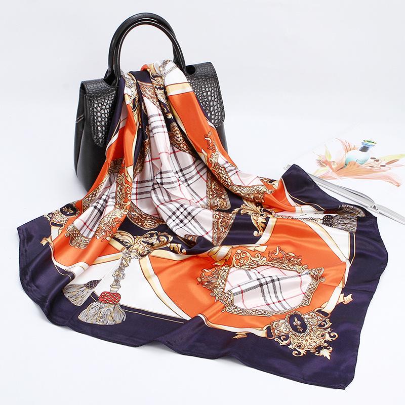 90Cm silk scarf women s simulation silk satin horse chain printing headscarf satin satin scarf large shawl 90*90cm
