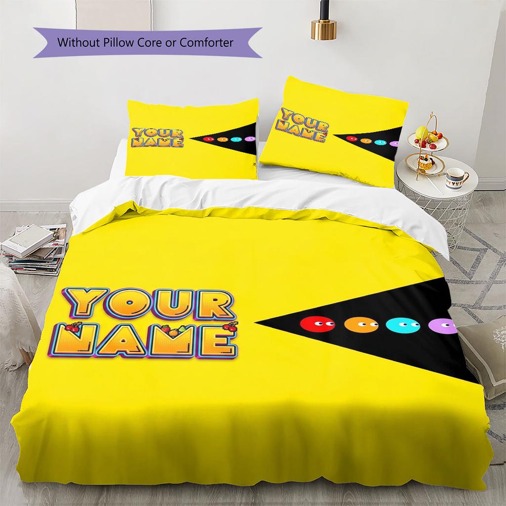 Pac-Man Individuelles Namensmuster Bettwäsche, Steppbett Set Bettbezug Kissenbezug Zuhause Geburtstagsgeschenk(1 Bettbezug + 2 Kissenbezüge, ohne Füllung)