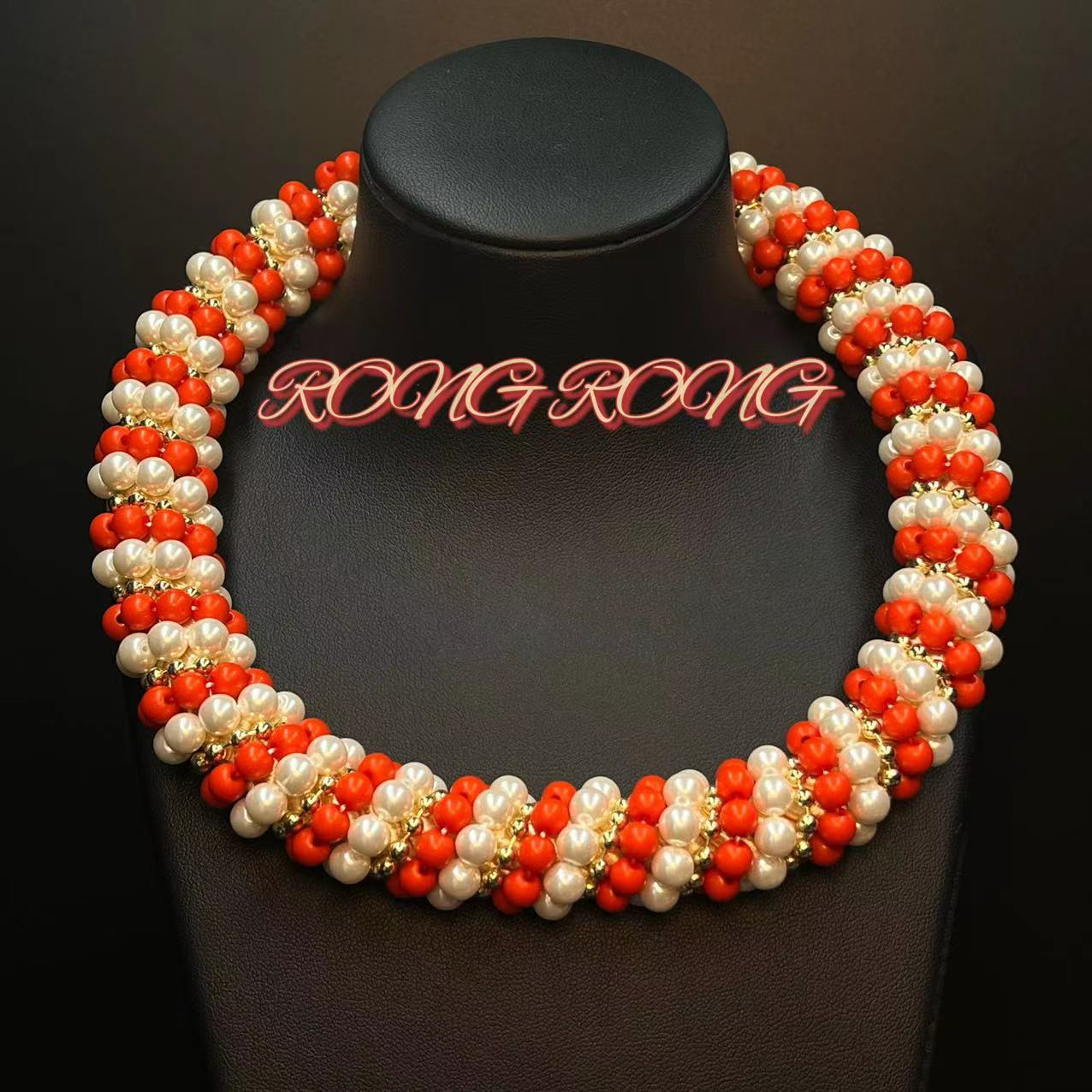 Medieval Court Style Retro Italian Grandma Red White Round Bead Wrapped Short Necklace Creative Relief