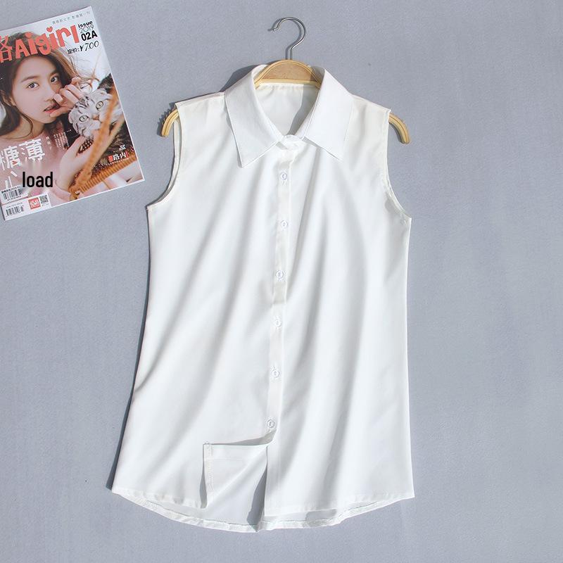Women's Korean Style Summer Sleeveless Chiffon Vest Top with Lapel - White