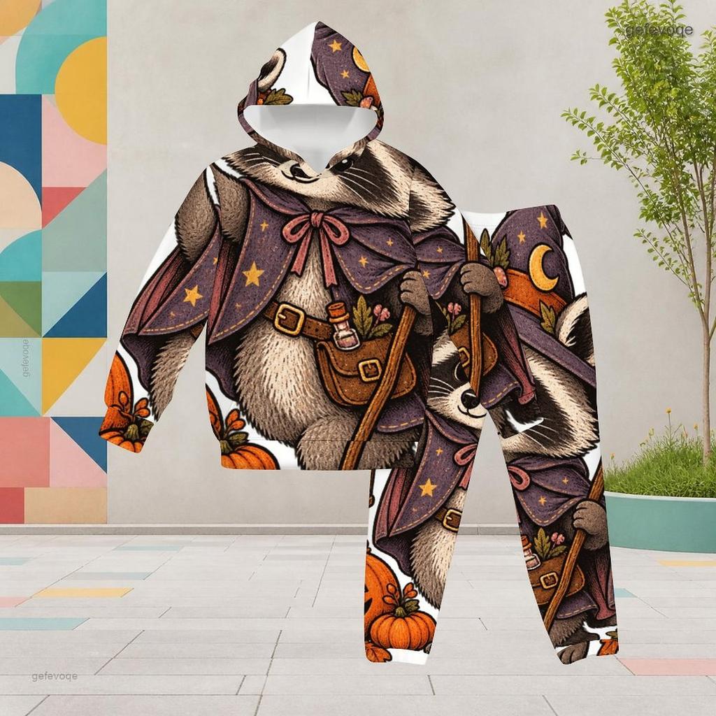 Girls Halloween Printed Hooded Long Sleeve Kangaroo Pocket Top Cuffed Pants Two Piece Set