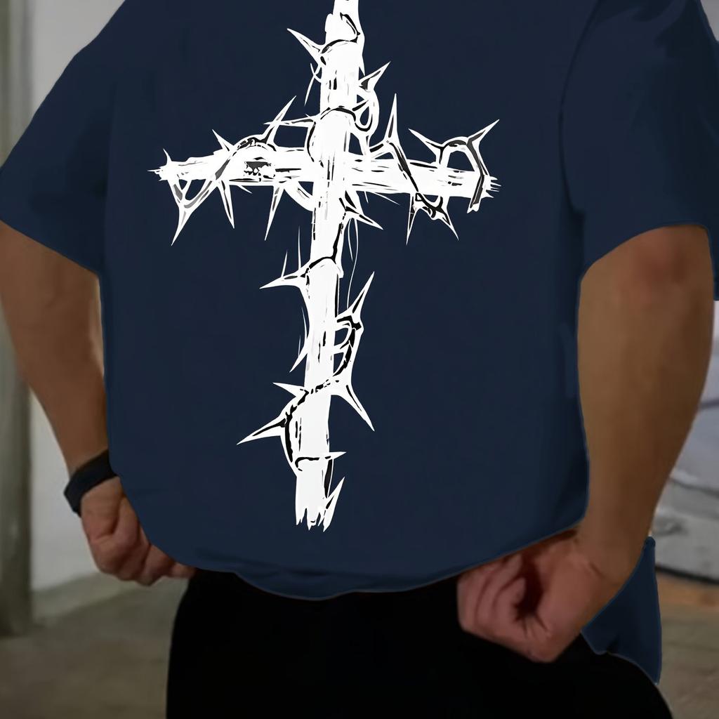 Summer men's 100% cotton comfortable casual wide plus size creative cross pattern printed round neck short sleeved T-shirt top