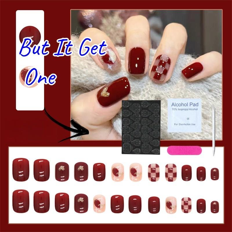 24 Pieces of Nail Art Patches with A Jujube Red Sweetheart and White Checkerboard Pattern Featuring A Heart-shaped Nail Design