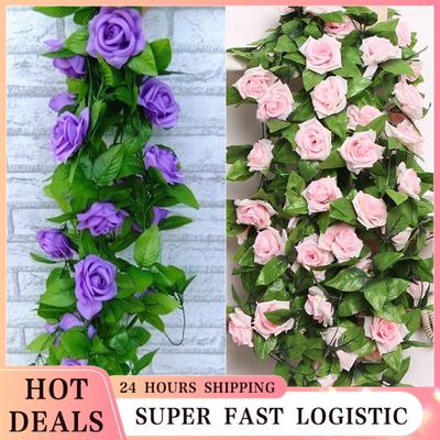 240cm Artificial Flower Rattan Fake Plant Vine Decoration Wall Hanging Roses Home Decor Accessories Wedding Decorative Wreath