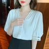 Summer  Office Lady Short Sleeve White Shirt Fashion Hollow Chiffon Women Blouse And Tops Elegant V-Neck Clothes Blusas 20201