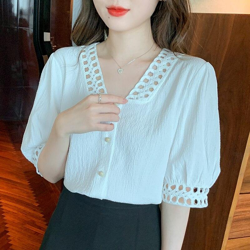 Summer  Office Lady Short Sleeve White Shirt Fashion Hollow Chiffon Women Blouse And Tops Elegant V-Neck Clothes Blusas 20201