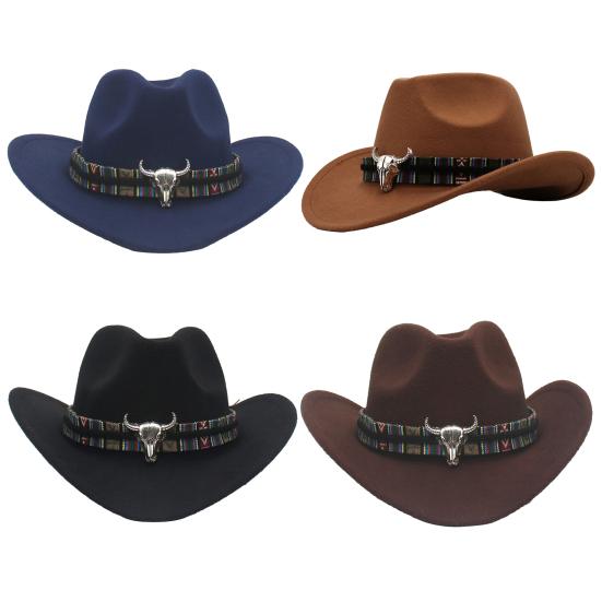 Western Cowboy Hat for Men Women Wide Brim Sun Protection Fedora Beach Hat Wool Cowgirl Felt Hat with Adjustable Strap