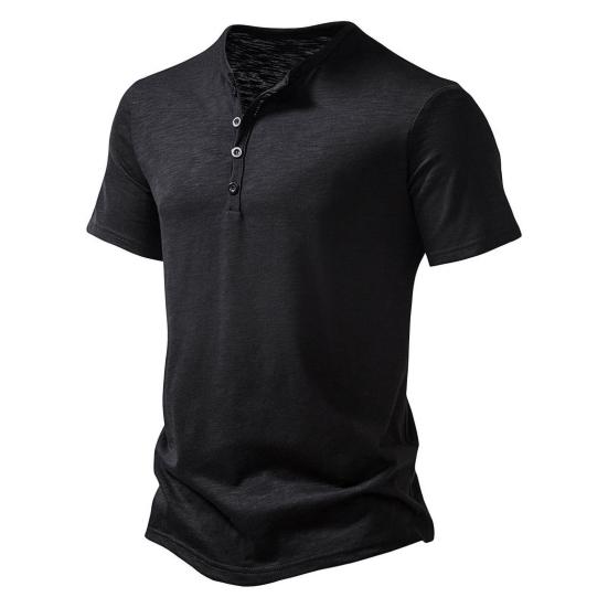 Men Summer T-shirt Solid Color Pullover Buttons O Neck Short Sleeves Daily Wear Thin Mid Length Breathable Men Top Men Clothes