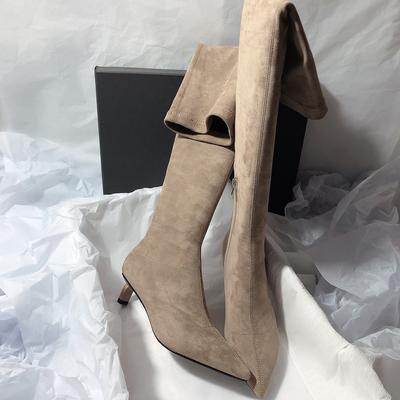 Korean Version of Simple Solid Color Side Zipper Thin Boots Cat Heel Large Size Boots Pointed Thin Heel Knee Boots