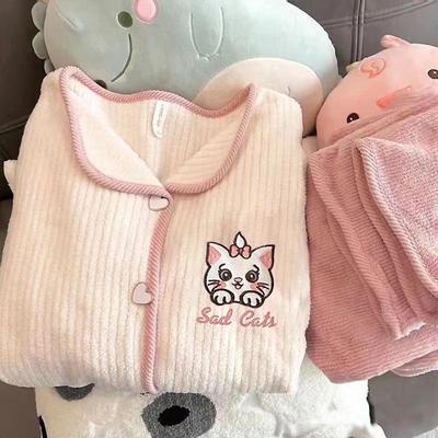 A Bao Xi Women's Coral Fleece Winter Pajama Set – Flannel Cardigan Wearable Outdoors