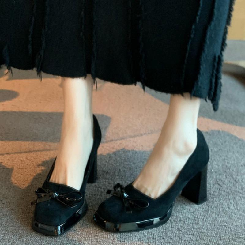 Fashion Spring New Coarse Heel Single Shoes Women Fashion Square Head Shallow Mouth Suede Butterfly Knot Waterproof Platform High Heels