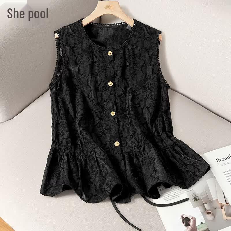 Tachi Women s Round Neck Button-Front Patchwork Vest 2XL чёрный