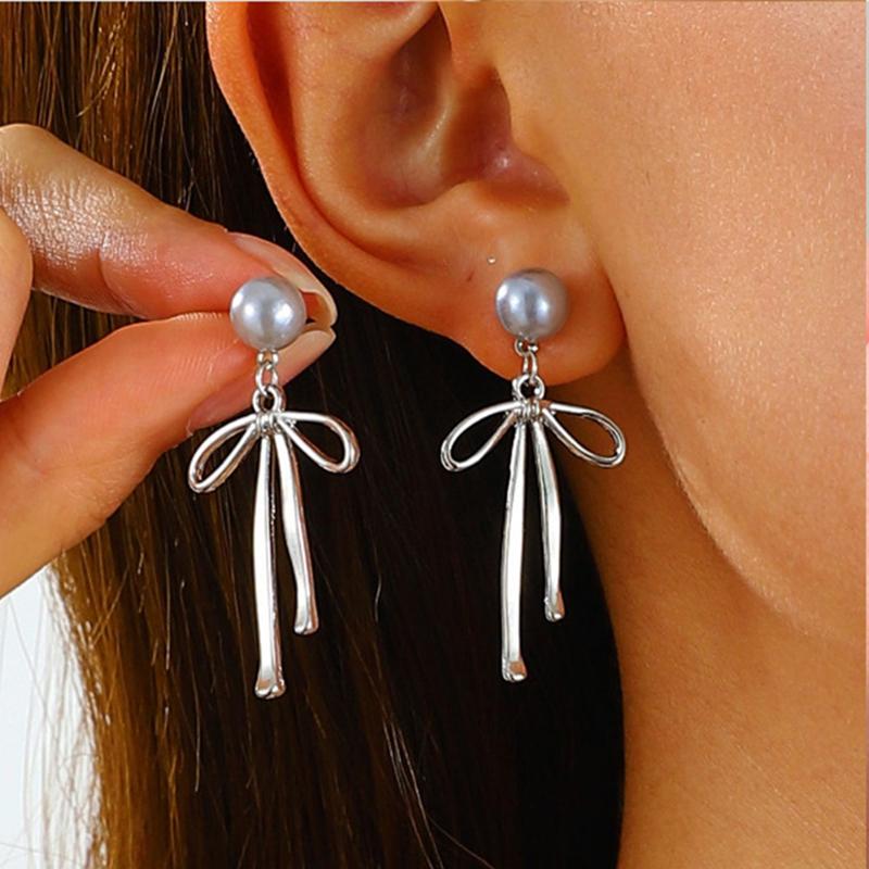 Elegent Bowknot Pendant Choker Necklace for Women Gray Pearls Earrings Necklace Jewelry Set Wedding Retro Y2K Jewelry Gifts
